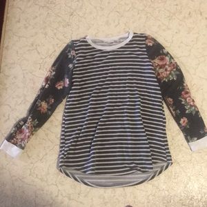 Floral, striped long sleeve shirt.